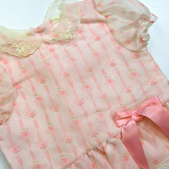 Vintage Dress Baby Girls Sz 12m Pink Sheer Drop Waist Rose Floral Party - Picture 2 of 4